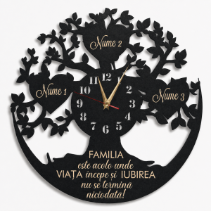 Ceas cadou familie copacul vietii cu inimi gravate cu 3 inimi