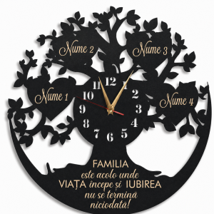 Ceas cadou familie copacul vietii cu inimi gravate cu 4 inimi
