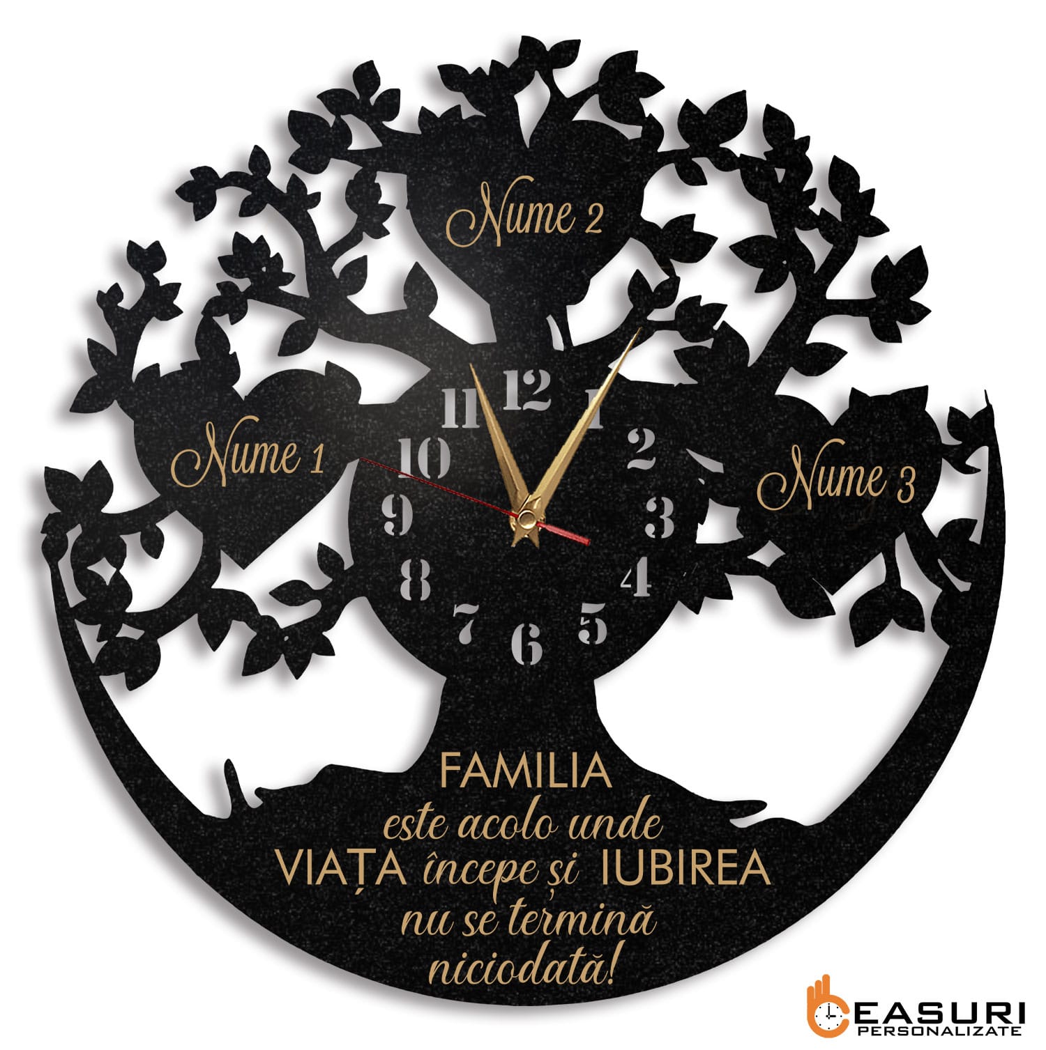 Ceas cadou familie copacul vietii cu inimi gravate - Diametru 45 cm