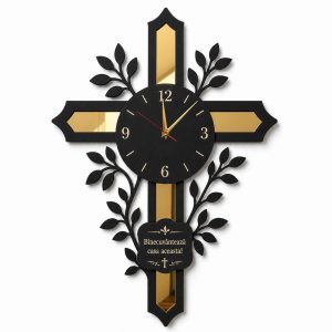 Ceas de perete creștin personalizat – Cruce modernă cu mesaj Binecuvântează casa aceasta